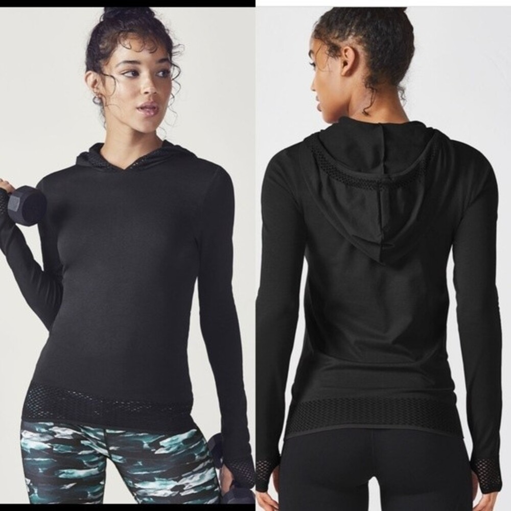 Fabletics Black Megan Pullover Netted Long Sleeve Hoodie‎ Top L